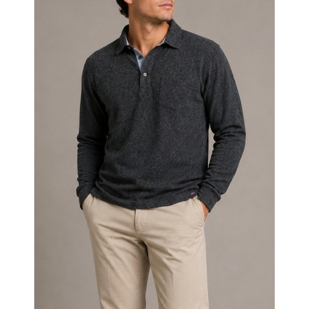 Faherty Brand Mens Long Sleeve Organic Cotton Polo Shirt Charcoal Gray Size M